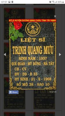 Bia mộ liệt sĩ Trịnh Quang Mưu