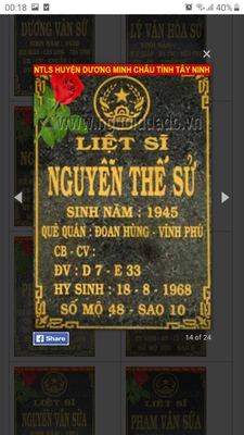 Bia mộ liệt sĩ Nguyễn Thế Sử