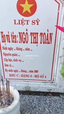Bia mộ tại Xã Bình Lâm - Huyện Thăng Bình - Quảng Nam · ảnh: Be You — liệt sĩ NGÔ THỊ TOÀN